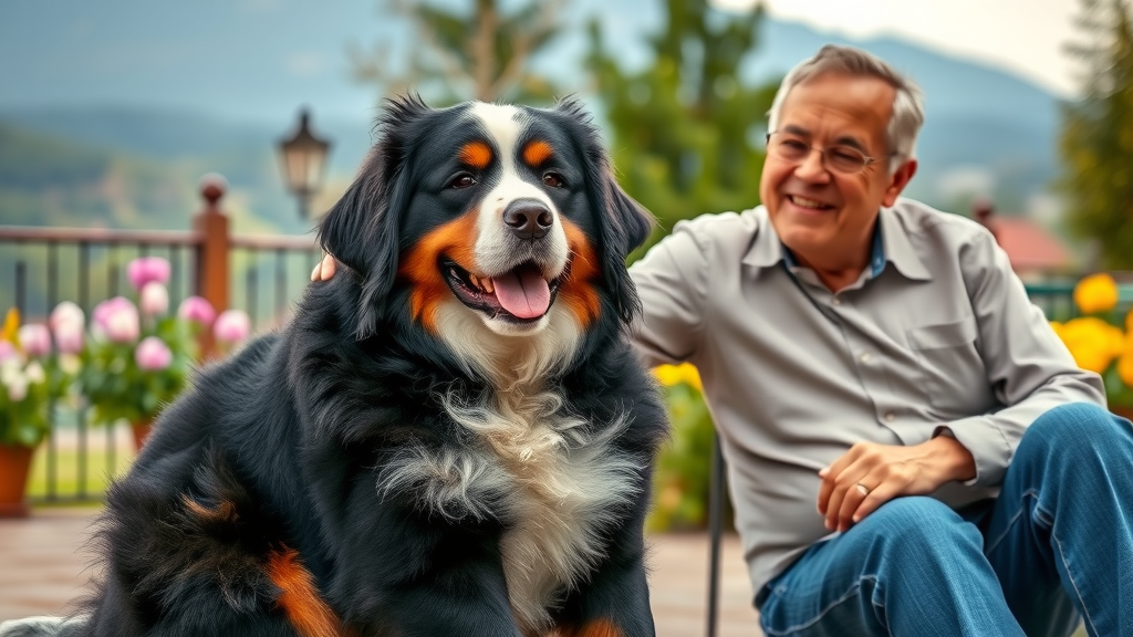 bernese mountain dog affectionate with elderly couple in garden