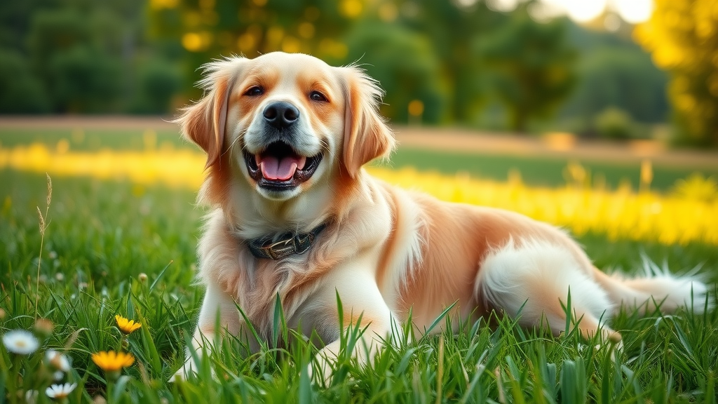 healthy golden retriever enjoying holistic care for dogs on grassy field
