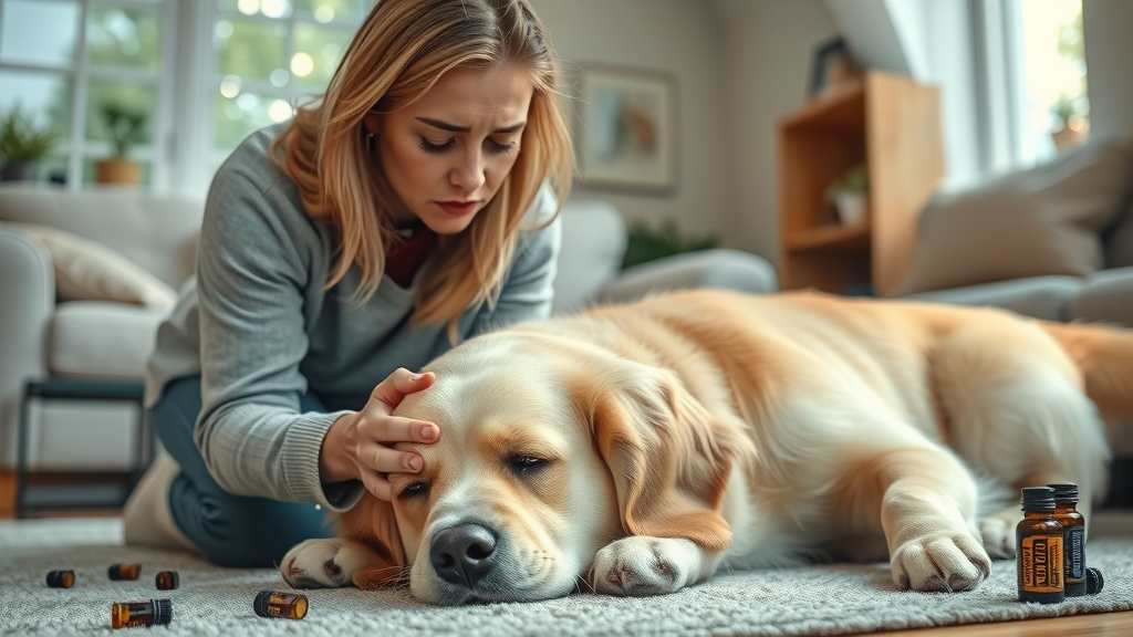 Worried owner checks lethargic golden retriever for essential oil toxicity signs, with drooling visible. essential oil toxicity dogs