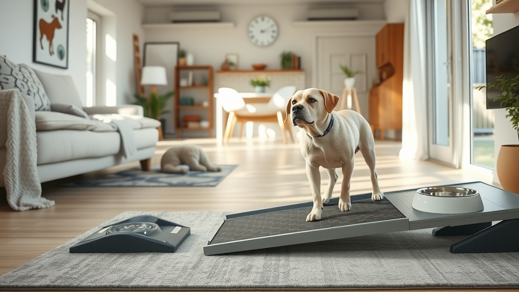 Modern home with non-slip rug, dog ramp, and elevated bowls for managing dog mobility issues, senior dog approaching ramp