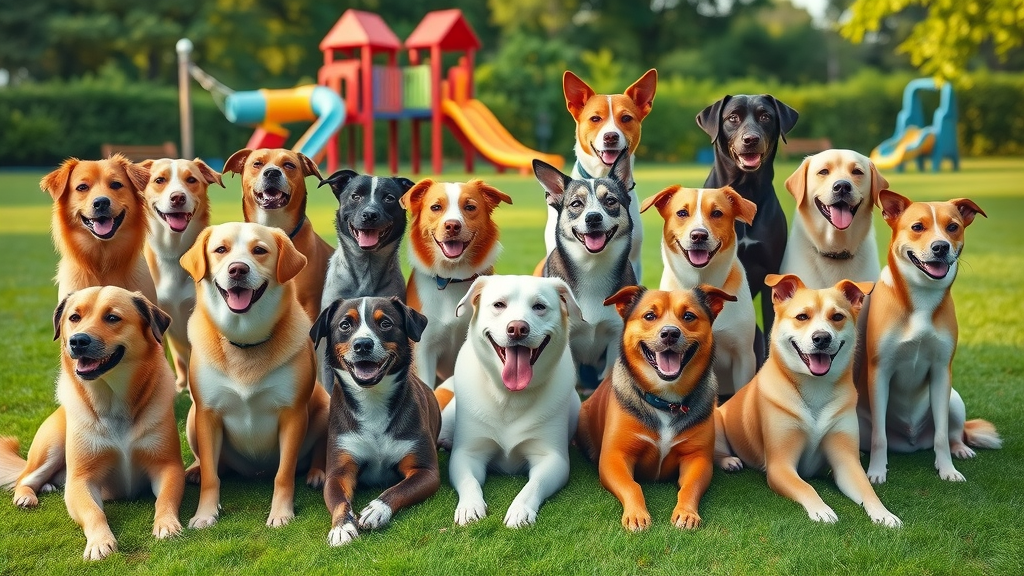 montage of 15 best family dog breeds in a park, friendly and happy, popular family dogs for children and adults.