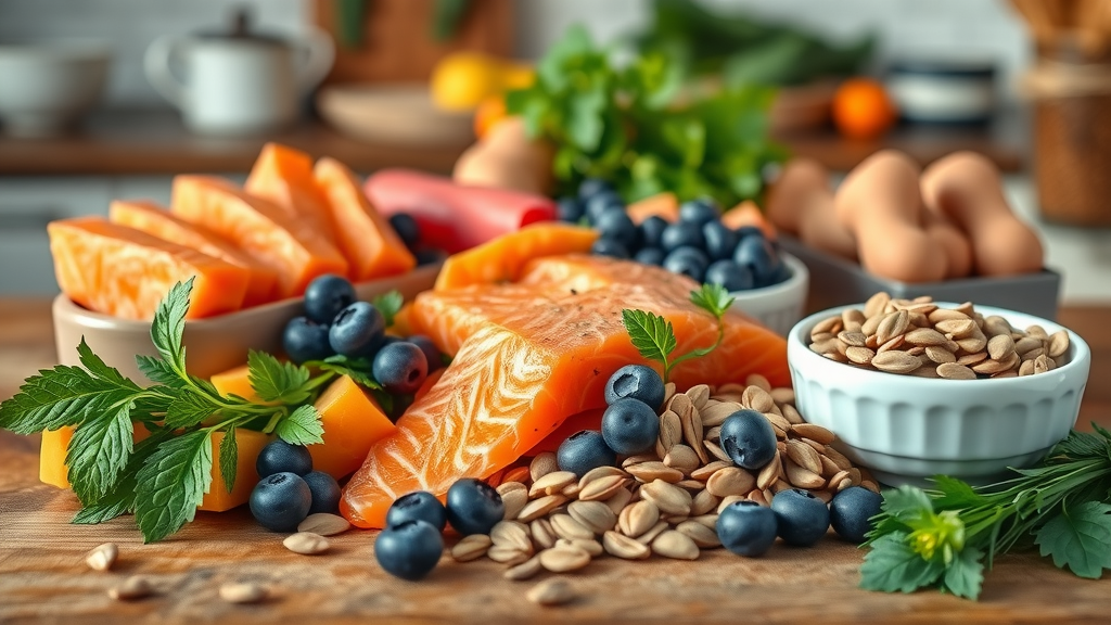 Fresh, healthy dog food allergy-friendly ingredients: salmon, sweet potato, blueberries on rustic table. Dog food for allergies, photorealistic details.