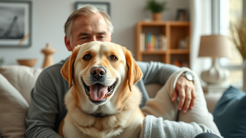 joyful Labrador and owner at home, exhibiting the benefits of dog nutrition and natural supplements