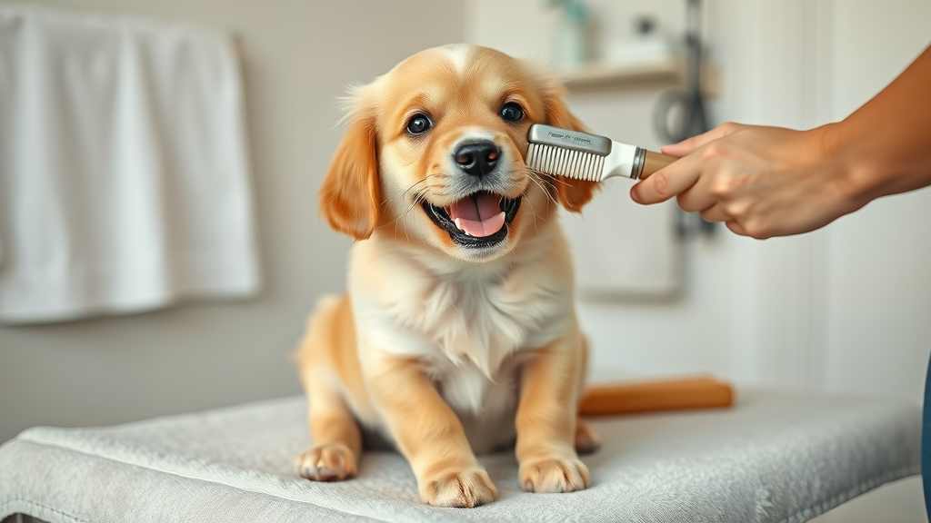 Cheerful golden retriever puppy on grooming table with slicker brush, puppy grooming tools, owner care, soft fur, home bathroom background