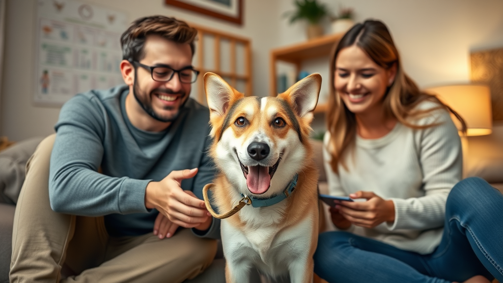 cheerful family practicing obedience training with medium-sized dog, training chart on wall