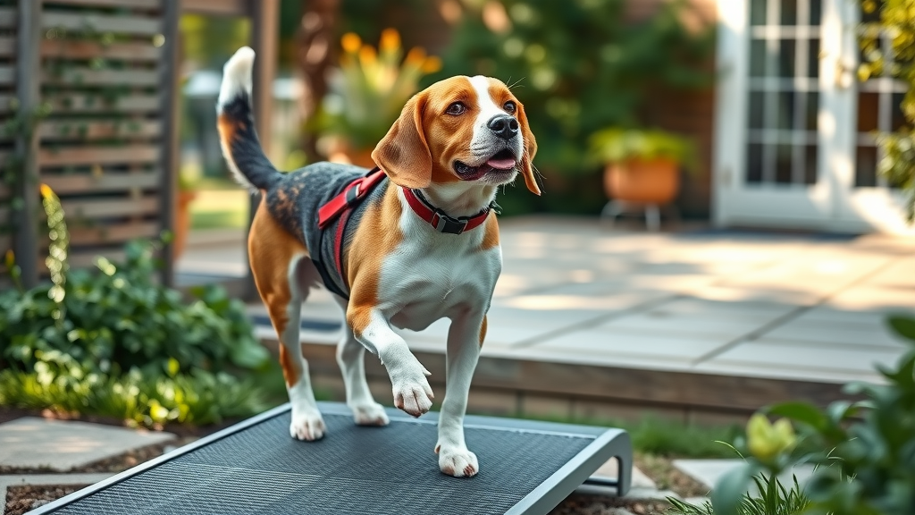 active senior beagle aging dog nutrition ramp harness walking mobility support backyard patio natural sunlight