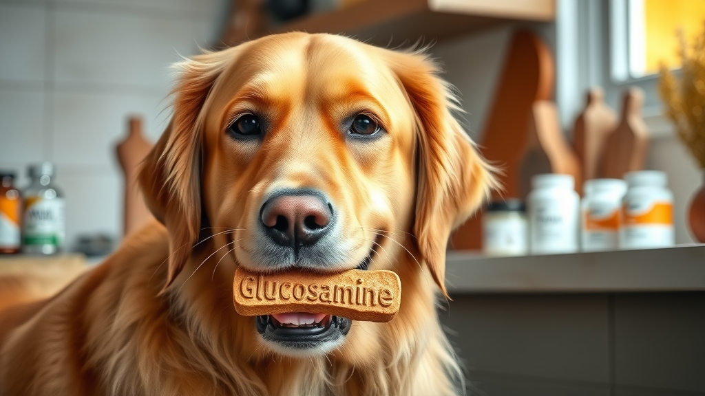 senior Golden Retriever with arthritis chewing glucosamine treat next to supplement bottles