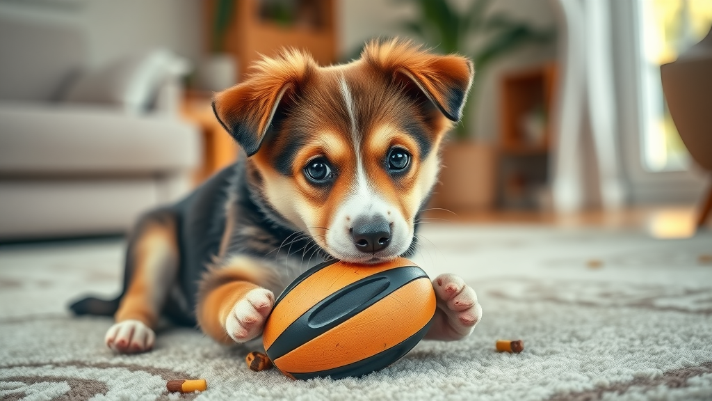 mixed breed puppy with treat-filled kong chew toy puppy toys and accessories