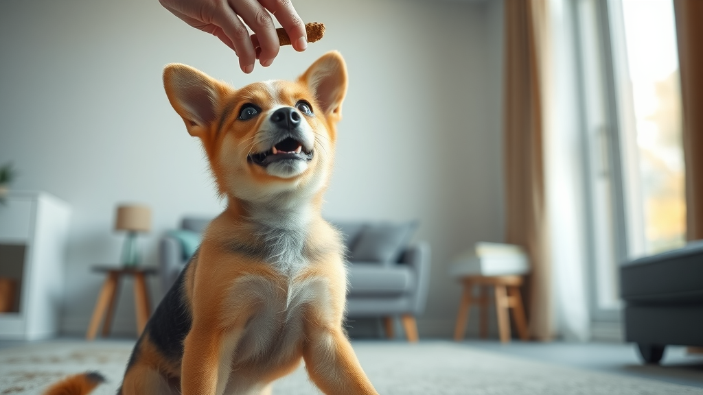 dog performing sit command during positive reinforcement training, eager expression, trainer with treat, dog tail wagging