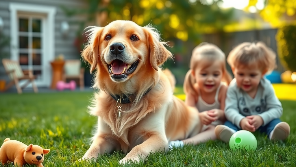 affectionate dog breeds Golden Retriever smiling with children in a backyard