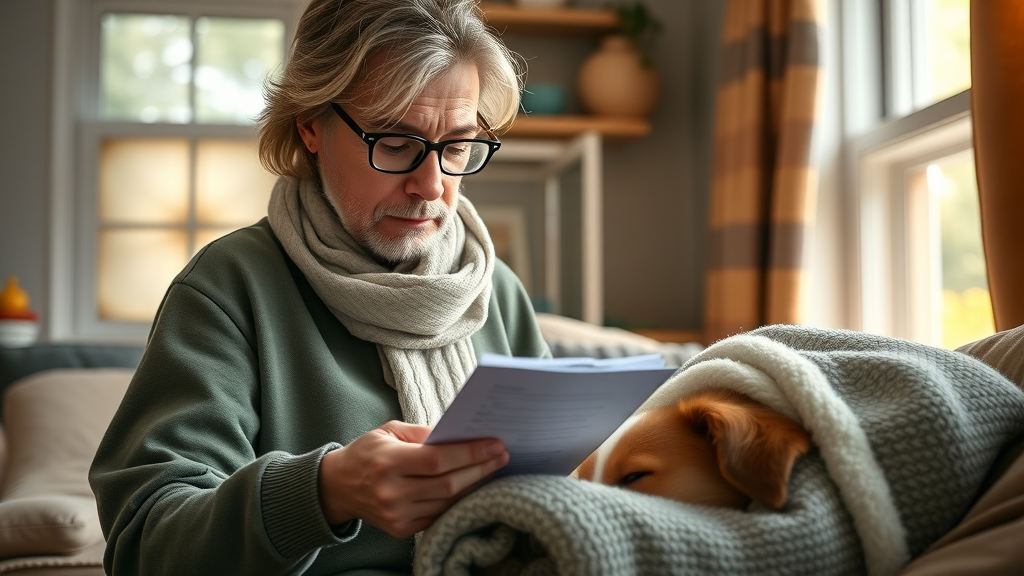 Thoughtful pet owner preparing checklist and blanket for senior border collie’s veterinary visit – veterinary care for older dogs