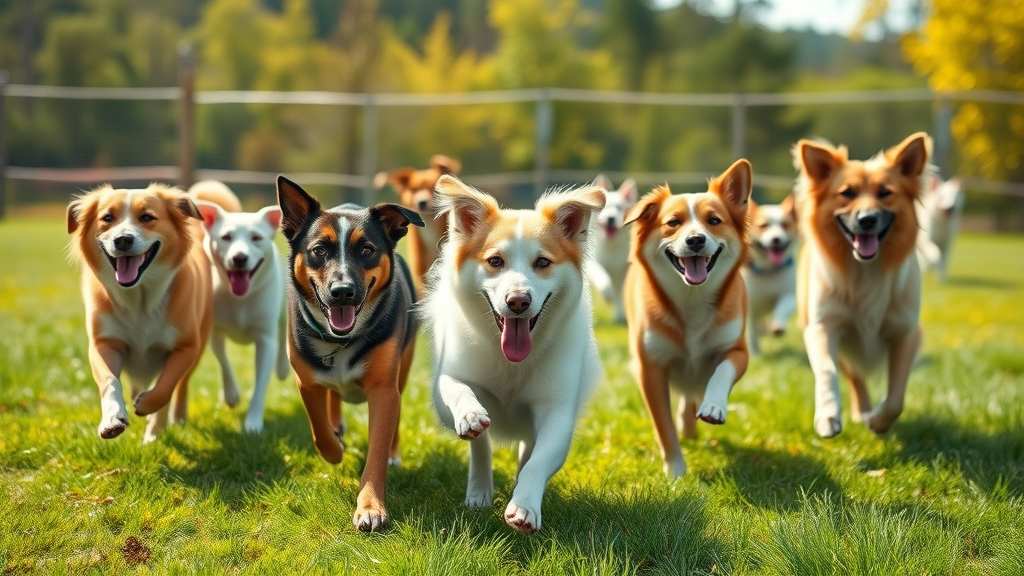 vivid happy dogs of various breeds playing together in a securely fenced, sunny dog park, socialization activities for dogs