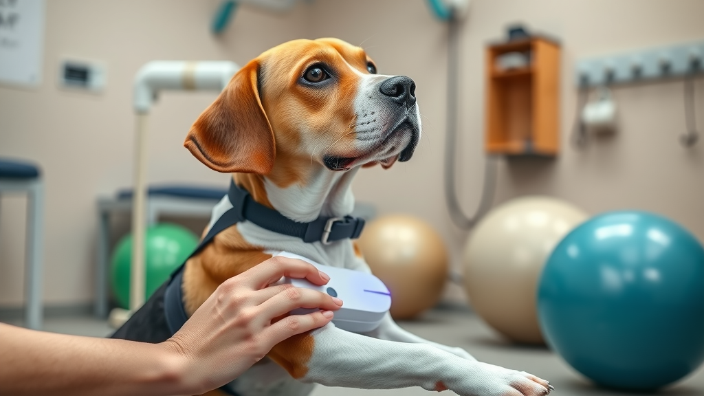 Senior Beagle receiving cold laser therapy for arthritis in veterinary rehabilitation room