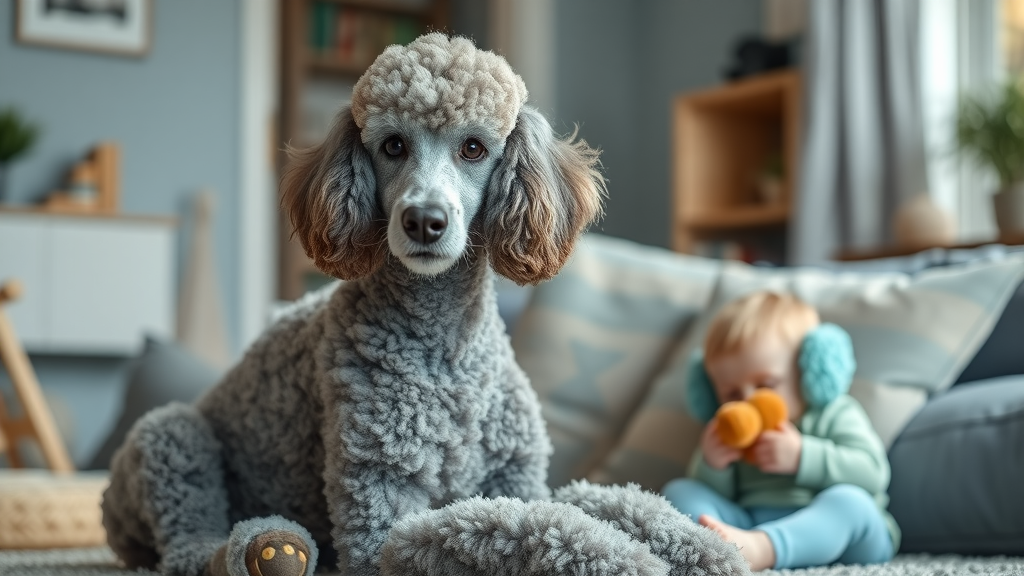 regal standard poodle sitting near a child with allergy-safe toys, intelligent and friendly dog breed for families.