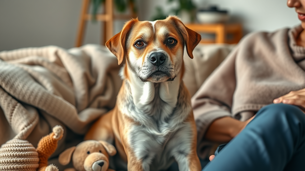 Expressive senior dog with thoughtful eyes showing signs of canine cognitive dysfunction, sitting calmly beside owner in a cozy living room