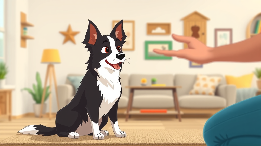 alert border collie and handler, clear hand signal, living room with agility props in background, animated style