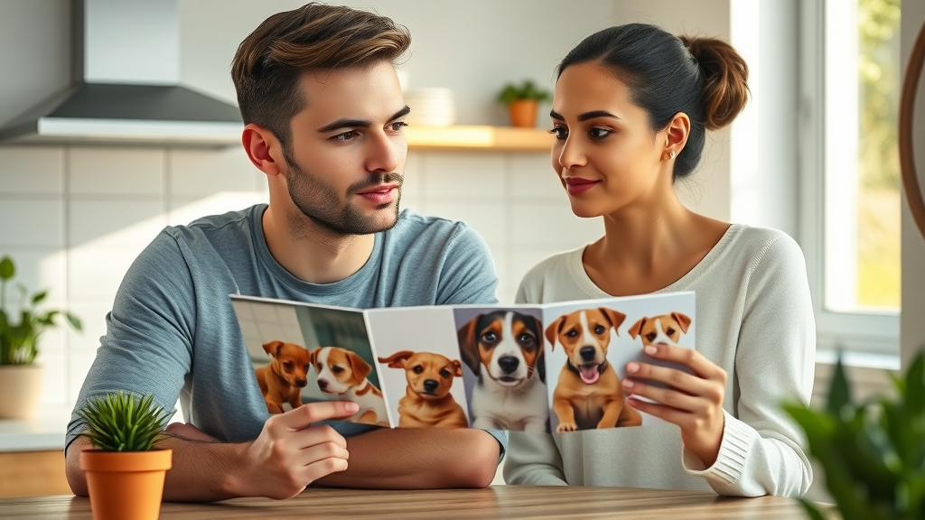 thoughtful young couple reviewing dog breed photos at a kitchen table, planning for the best family dog.