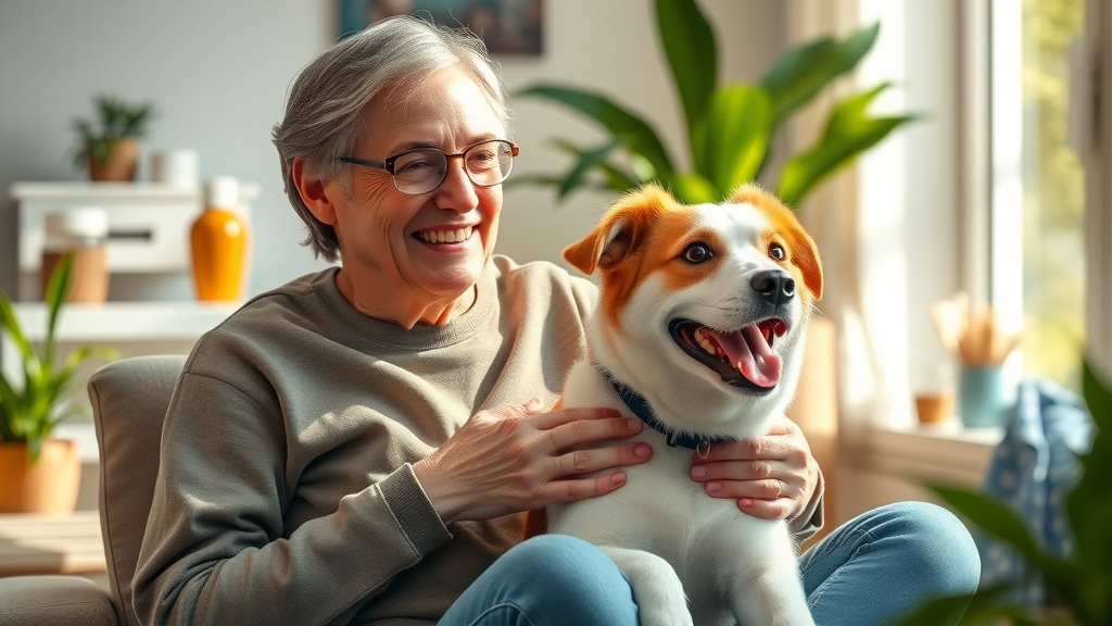 DIY dog health remedies happy pet owner and healthy dog cozy sunlit living room