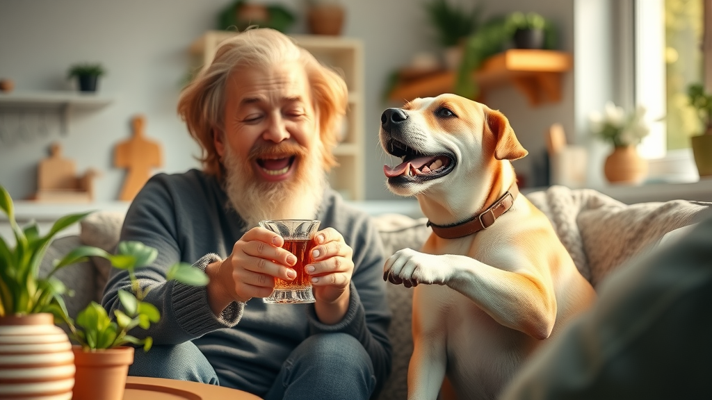 dog owner preparing herbal tea for happy dog, home remedies for dogs, cozy kitchen