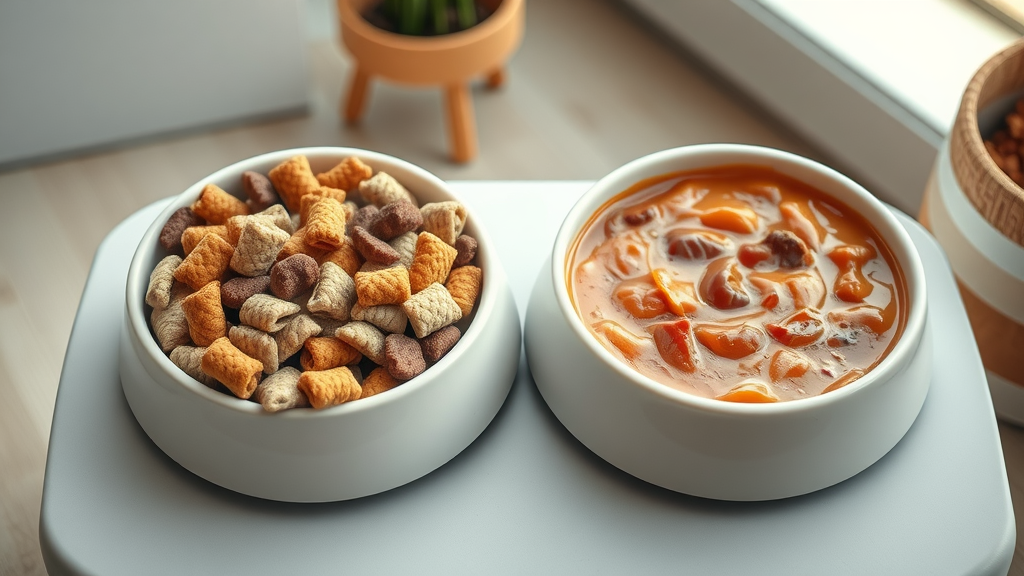 two bowls: one filled with dry puppy food kibble, one with wet food - dry dog food comparisons