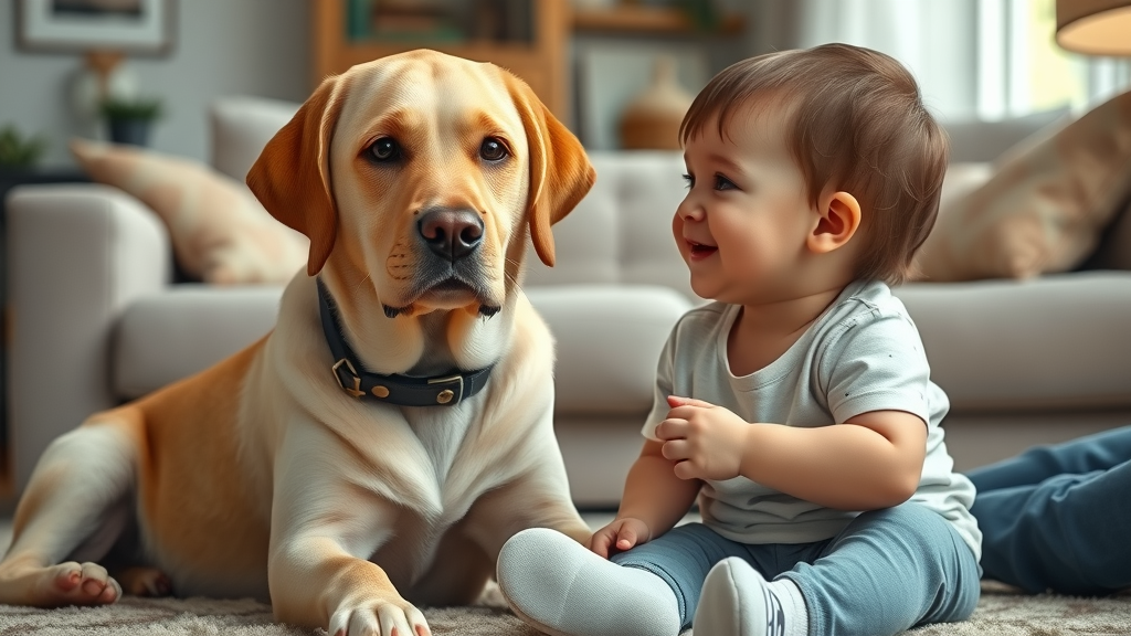 loyal Labrador Retriever sitting calmly beside a playful toddler, affectionate demeanor, dogs good with kids, cozy living room, subtle interaction, soft indoor lighting
