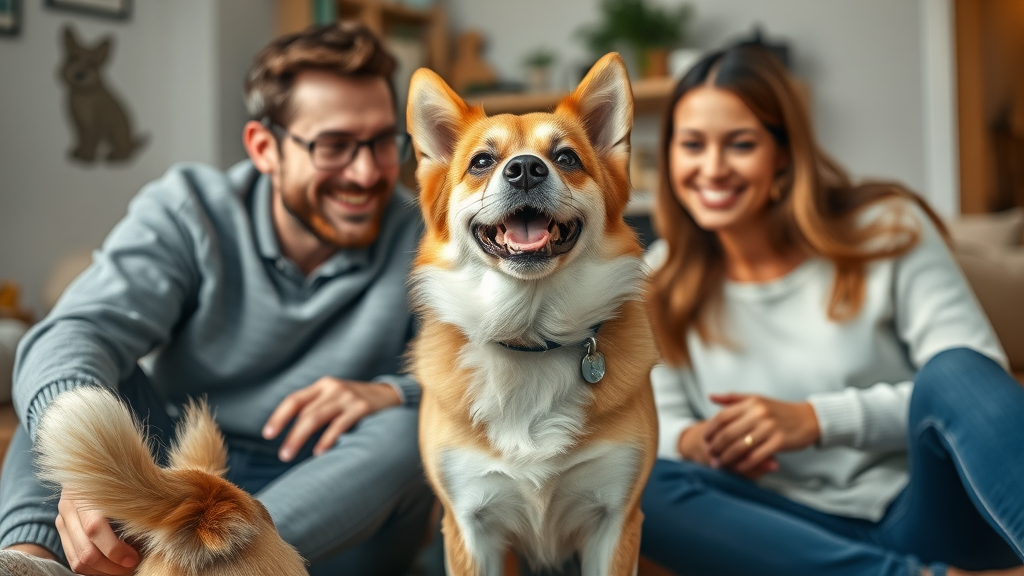 managing reactive dogs, composed family with a reactive dog indoors observing behavior, cozy home, dog accessories, relaxed expressions