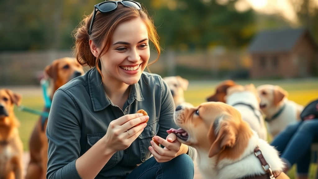 approachable female dog trainer using positive reinforcement with treats, dogs learning outdoors