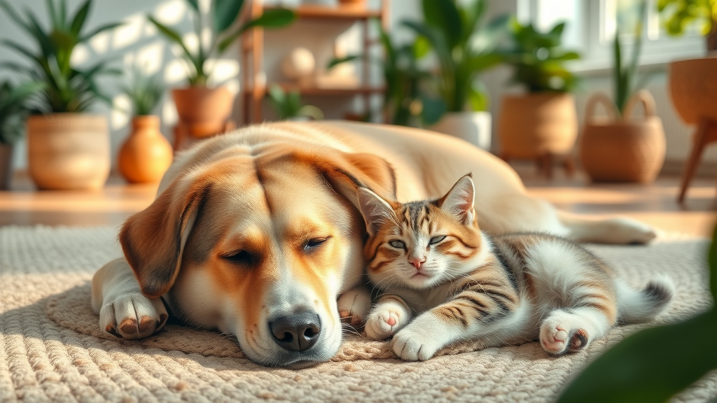 peaceful domestic dog and cat resting together, natural pet holistic wellness, cozy serene home interior