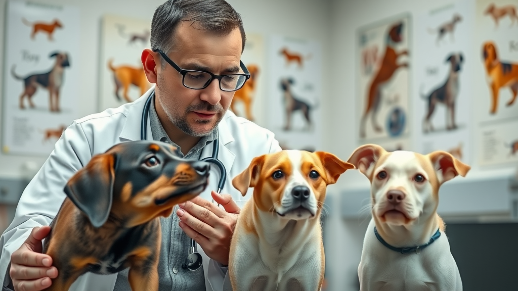 veterinarian assessing dog temperament and personality in various breeds during a clinical observation
