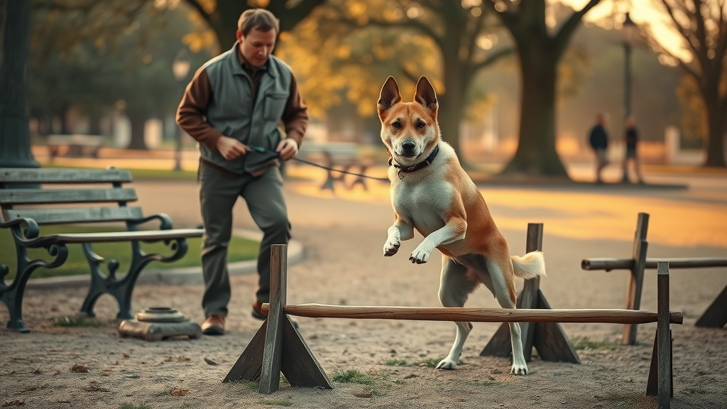 historic dog agility demonstration, attentive dog and skilled handler navigating early wooden agility obstacles, vintage park setting