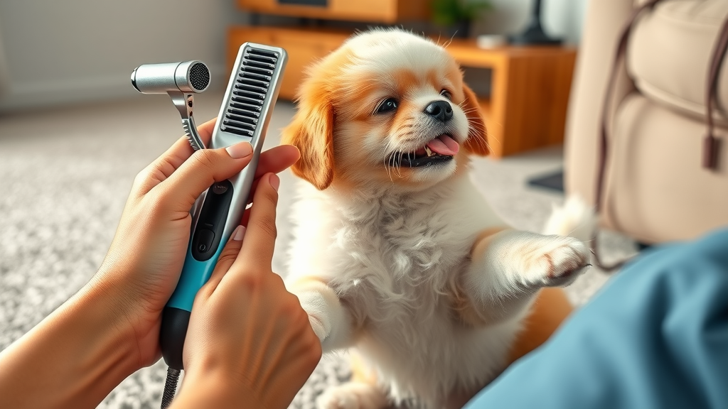 Best puppy grooming tools reviewed, in use with fluffy puppy—sleek designs, bright color, hands in natural grooming pose