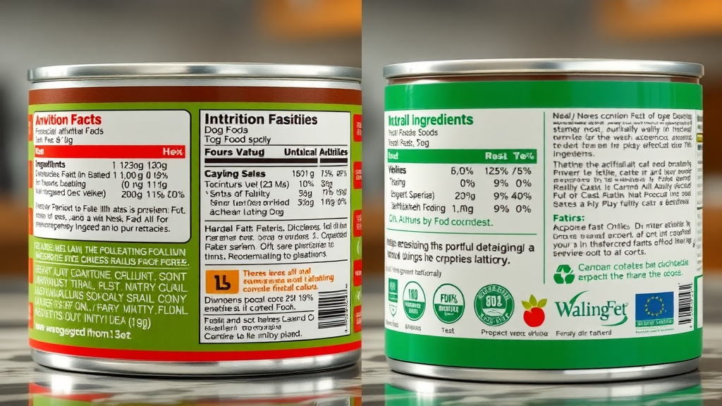 comparison of dog food ingredient labels, artificial additives vs natural ingredients. food label, dog food ingredients