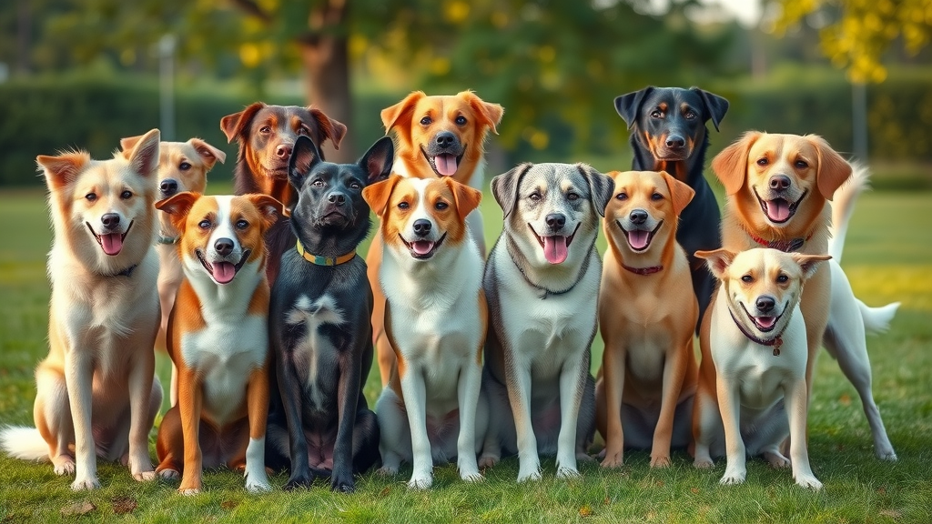 diverse group of mixed breed dogs showcasing different temperaments while playing in a dog park