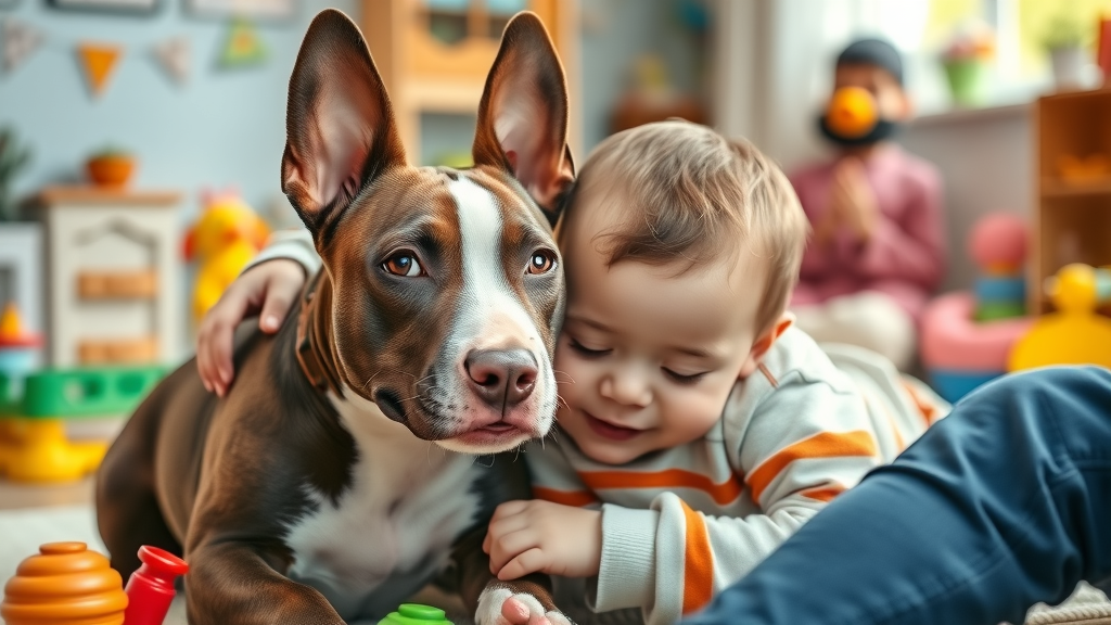 playful Bull Terrier with a toddler, quietly snuggling beside the child while supervised by an adult, dogs good with kids, colorful playroom, gentle body language, window light
