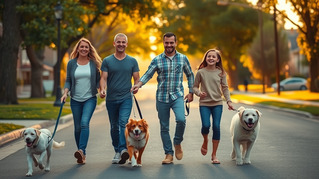 family walking well-trained dogs — applying dog training exercises to daily walks