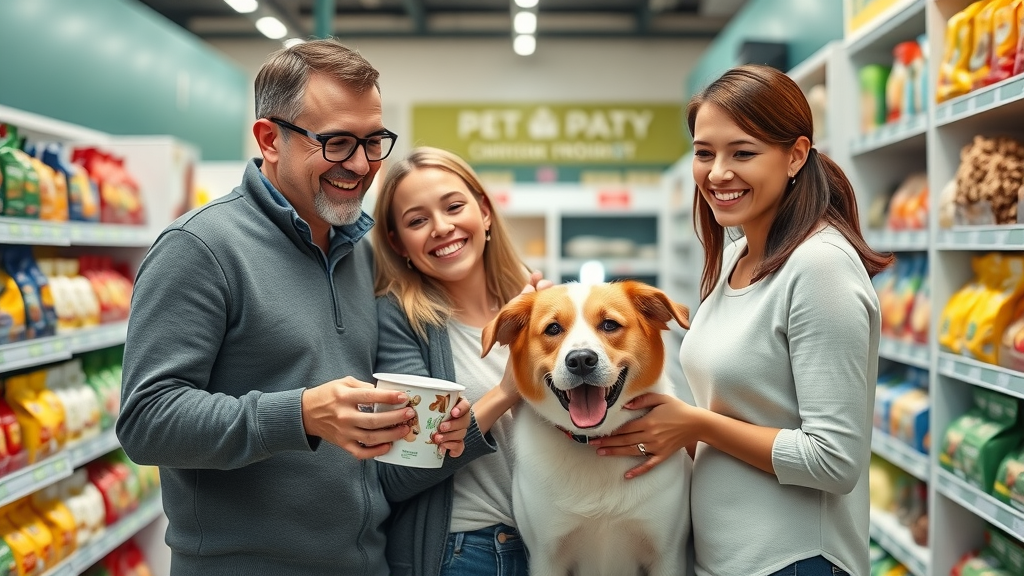 happy family with their dog choosing food at pet store and discussing with staff. dog food ingredients