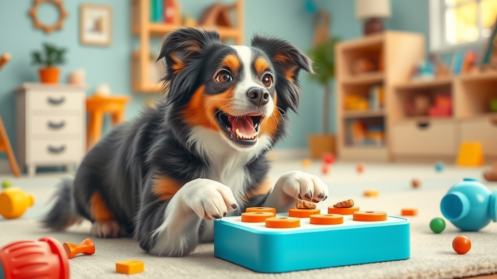 australian shepherd engaged with puzzle toy - enrichment activities for dogs