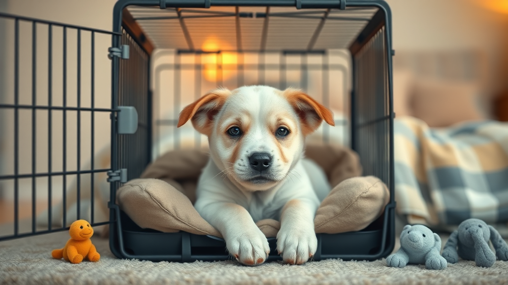 happy puppy resting inside a secure kennel, showcasing crate as comfy puppy safety product