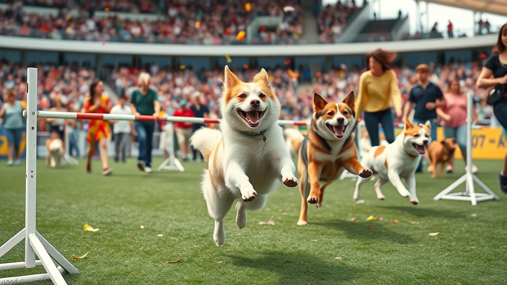 dog agility competition vibrant action, energetic dogs leaping through agility course with owners cheering, bright outdoor stadium