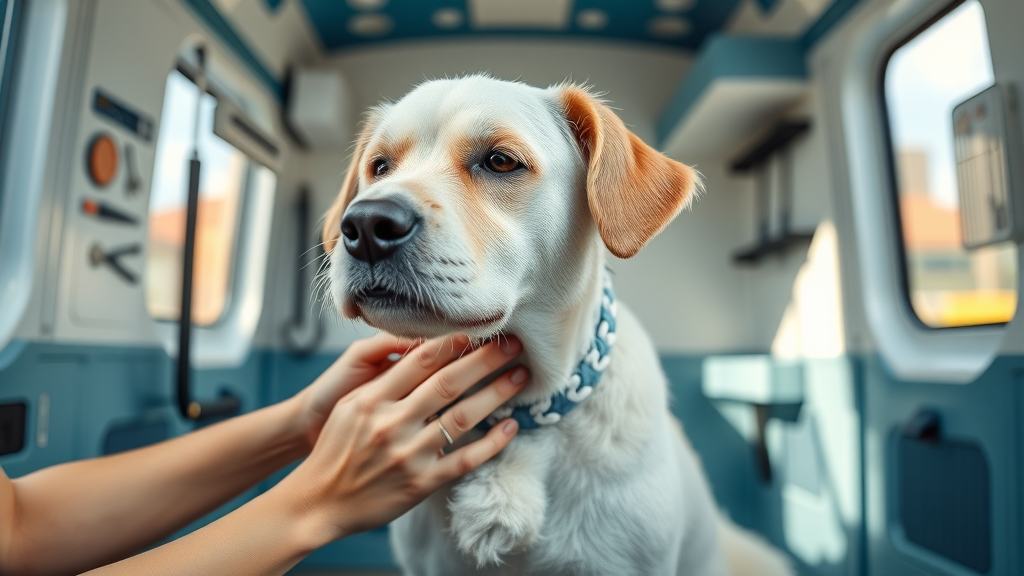 Mobile grooming for senior pet: senior dog being gently groomed in a modern van by professional groomer