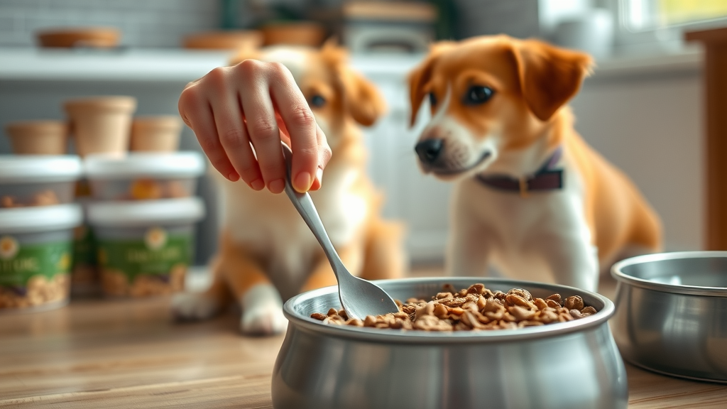 Pet owner gently blending wet and dry dog food for a safe transition