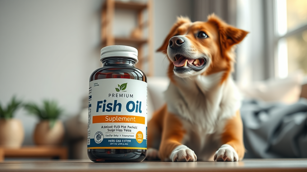 bottle of premium fish oil supplement with healthy dog sitting nearby. fish oil, omega fatty acids, dog food ingredients