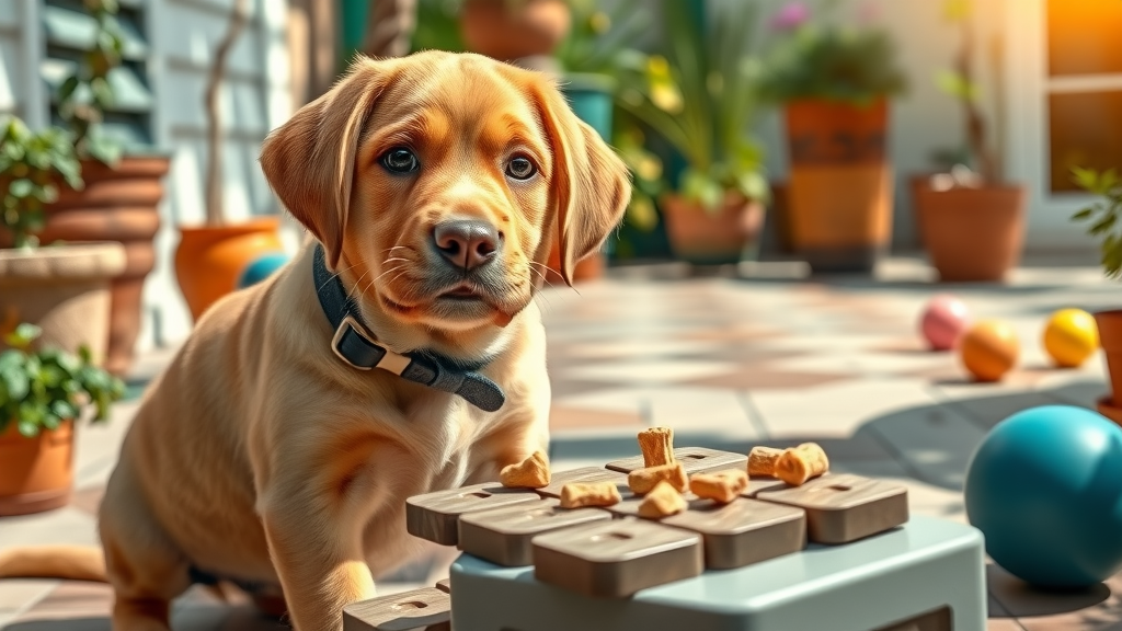 labrador puppy solving interactive puzzle toy in garden with various enrichment puppy toys and accessories