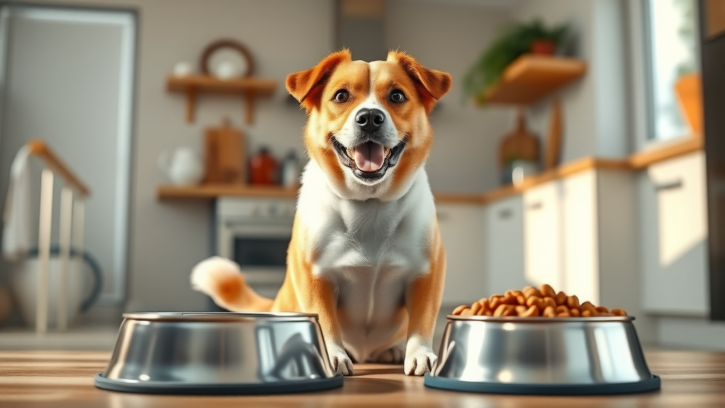 Healthy dog comparing bowls of wet vs dry dog food in a sunlit kitchen