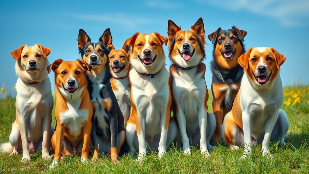Diverse group of breeds and ages sitting calmly, calm dog training methods showing attentive relaxed companions on bright green field