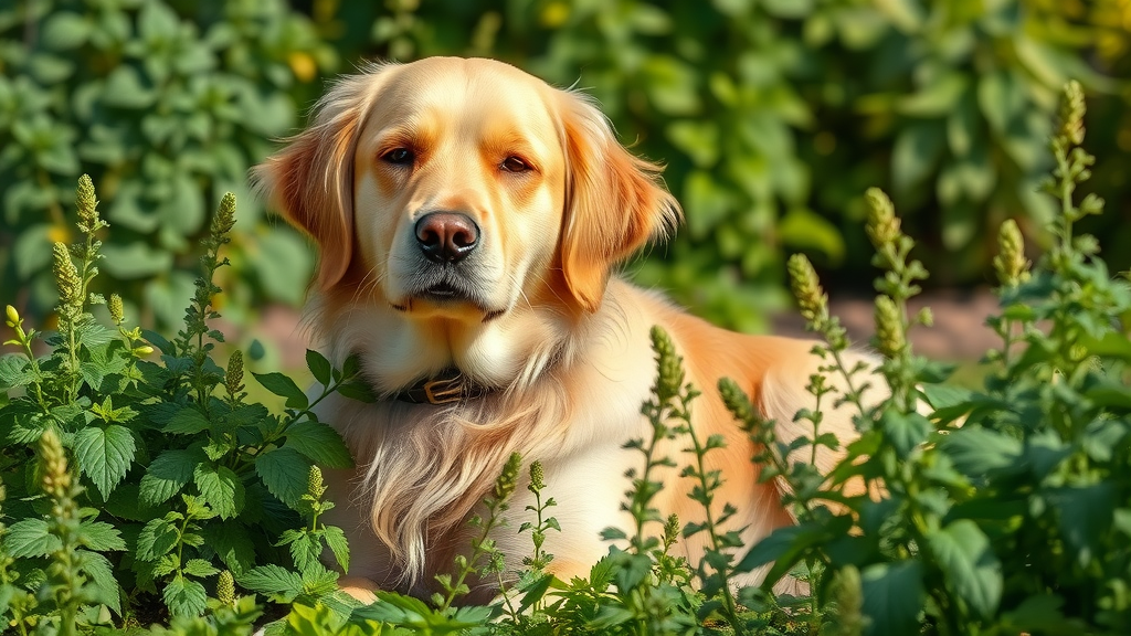 serene golden retriever among medicinal herbs, herbal treatments for dogs, sunlit garden