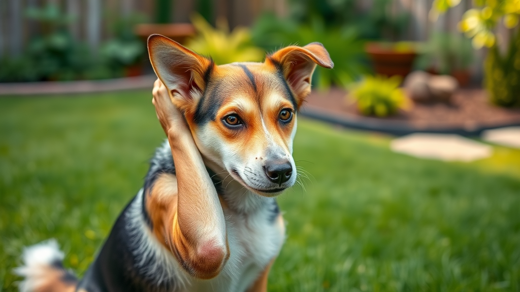 alert mixed-breed dog scratching ear natural pet remedies dog health issue