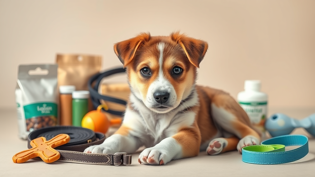 Cute mixed-breed puppy with leash, collar, chew toys, and treats beside basic puppy training supplies in a minimalist room.