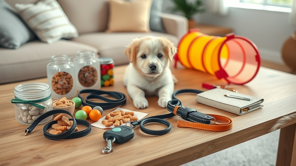 Well-organized selection of puppy training supplies on table: treats, clicker, leash, harness, agility tunnel, with touch of puppy fur.