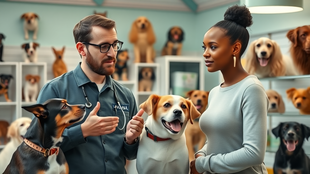 insightful dog trainer advising couple about dog breeds at adoption center, social dog breeds